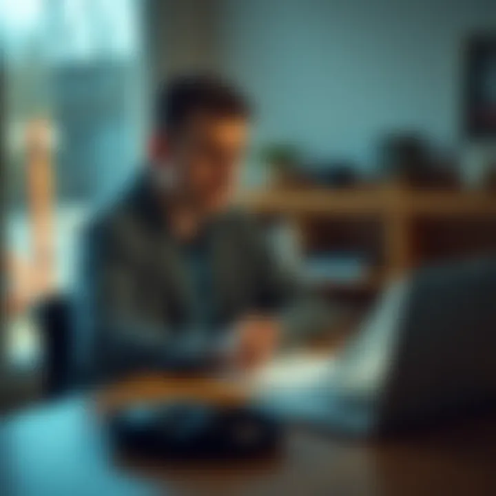 A Ukrainian individual sitting at a table with tax documents and a laptop, looking concerned about tax residency issues in Germany.