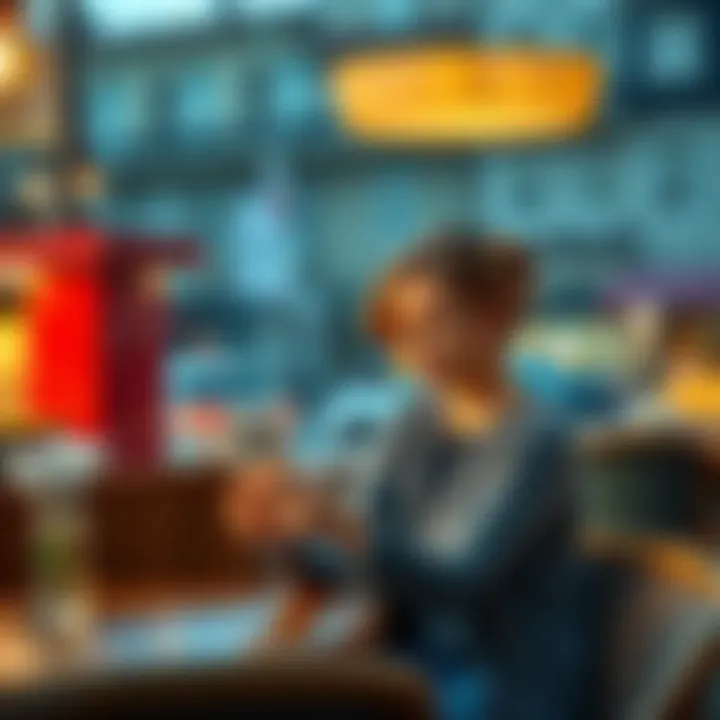 A Ukrainian woman sits at a cafe in Austria, looking worried while checking her phone about transferring her inheritance from Ukraine.