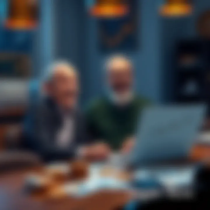 A cheerful man sitting at a table, looking at his laptop with Bitcoin charts and notes scattered around, smiling as he learns about cryptocurrency.