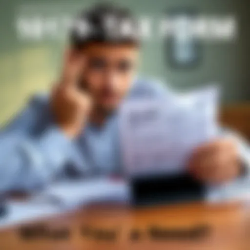 A person examining a 1099-DA tax form with confused expression, papers and calculator on the table