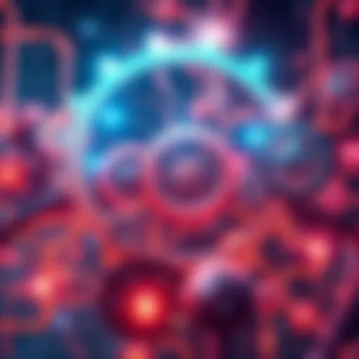 An illustration showing interconnected gears and processes symbolizing complex systems working together, with arrows indicating flow and interaction.