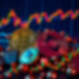 A mix of Bitcoin and Ethereum symbols with a graph showing price fluctuations in the background.