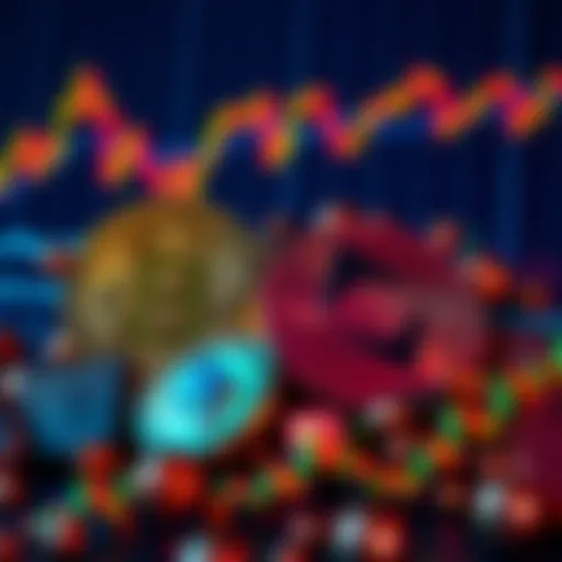 A mix of Bitcoin and Ethereum symbols with a graph showing price fluctuations in the background.