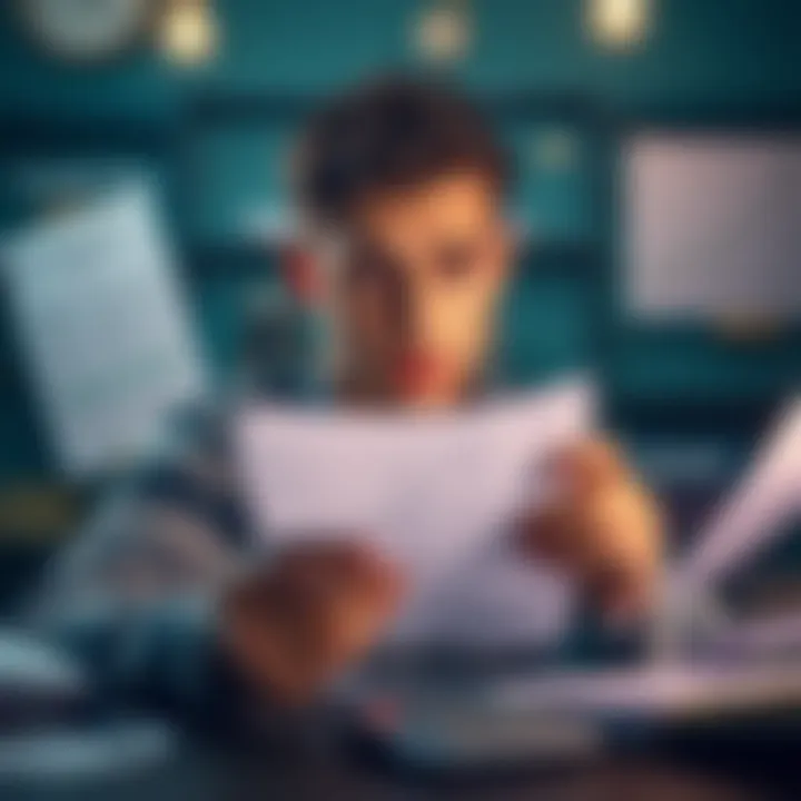 A person looking at a bank statement with confused expressions, surrounded by financial documents and a calculator, symbolizing maintenance fees and tax reports after withdrawing funds.