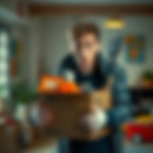 A surprised person opening a cardboard box with items they forgot they ordered