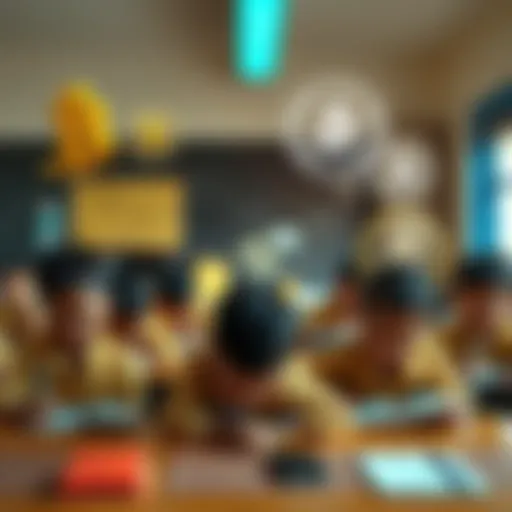 A representation of UNICEF's use of DeFi for educational funding, featuring symbols of blockchain and stablecoins, alongside students in a classroom setting.