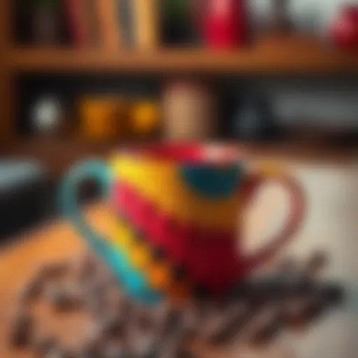 A colorful coffee mug with a creative design, placed on a wooden table with coffee beans around it.