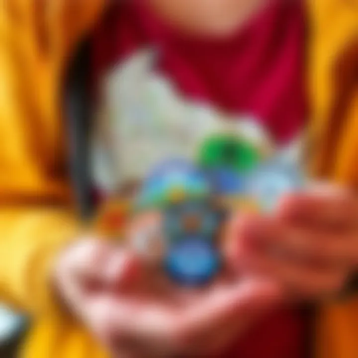 A person holds a collection of unique badges from Wisconsin Dells, Fond du Lac, and Oshkosh while looking for more with a community map in the background.