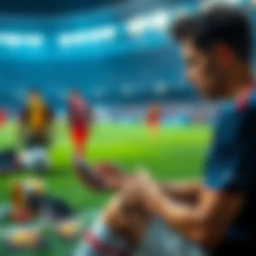 A soccer player analyzing unused essence with World Cup cards and team items in the background