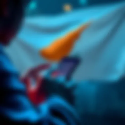 A person updating financial details on their phone, with a Cyprus flag in the background