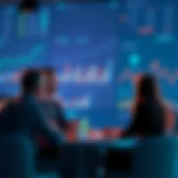 A group of people engaged in a discussion about investments and stacking assets, with charts and graphs visible in the background.