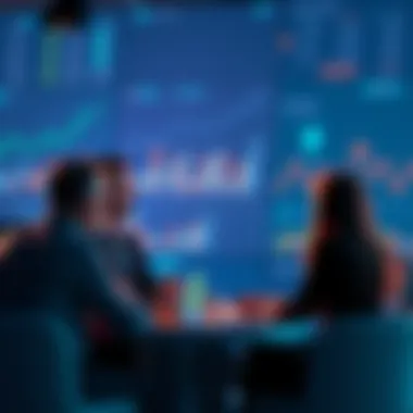 A group of people engaged in a discussion about investments and stacking assets, with charts and graphs visible in the background.