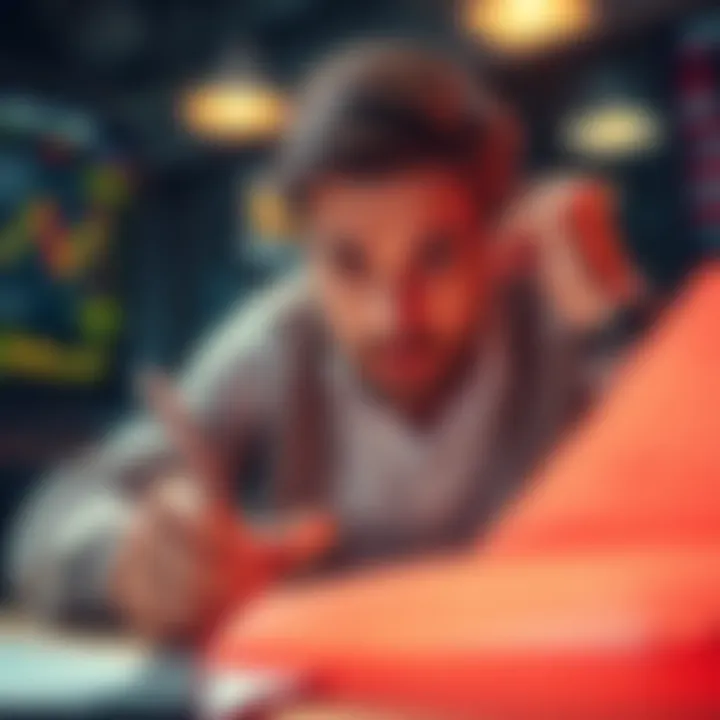 A person looking stressed while analyzing stock charts and financial reports with a sense of urgency.