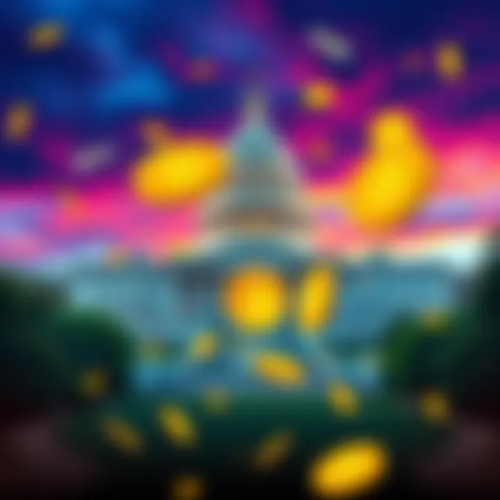 A digital illustration showing the US Capitol building with Bitcoin symbols and dollar bills, representing the acceptance of BTC for tax payments