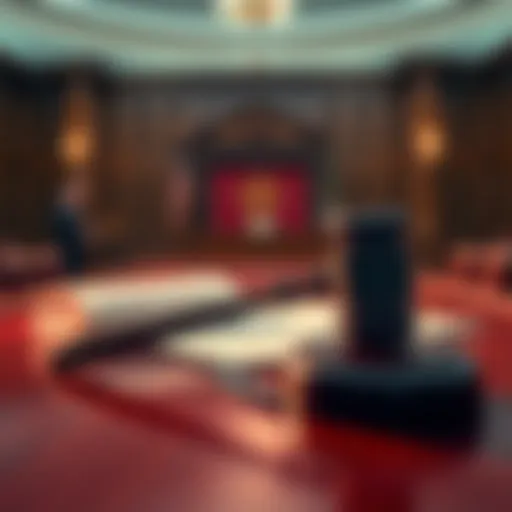 A courtroom scene showing a judge's gavel with legal documents related to cryptocurrency on the desk, symbolizing the dropped charges in a fraud case.