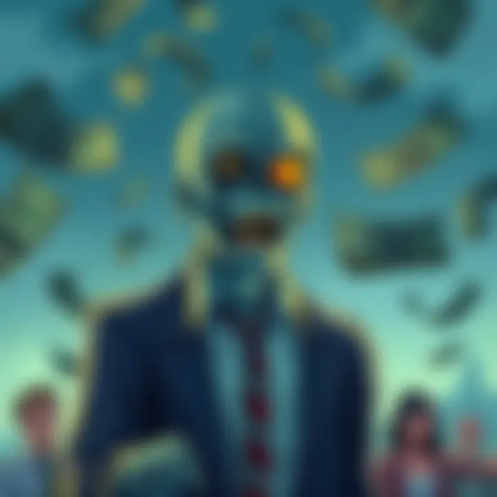 Illustration of a zombie figure representing the US government with dollar bills around it, symbolizing currency crisis, showing people looking concerned about their finances.