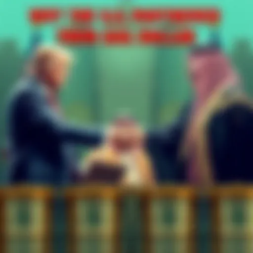Leaders from the US and Saudi Arabia shaking hands over oil barrels symbolizing the petrol dollar agreement