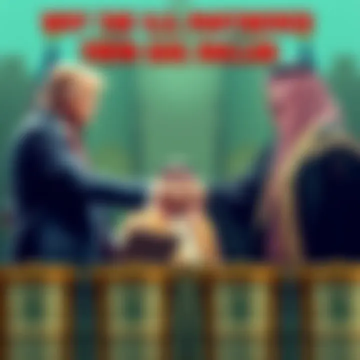 Leaders from the US and Saudi Arabia shaking hands over oil barrels symbolizing the petrol dollar agreement