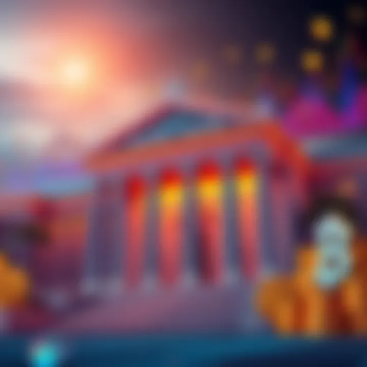 A visual representation of US banks thriving due to stablecoin yields, with financial graphs and currency symbols around bank buildings.