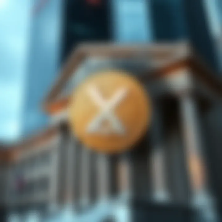 A bank building with XRP coin graphics overlayed, symbolizing US banks' new ability to hold cryptocurrency.