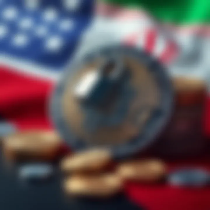Graphic showing Tether cryptocurrency coins with a U.S. flag in the background and a lock symbol, representing the freezing of assets against Iran.