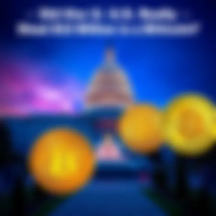 A U.S. government building in the background with Bitcoin symbols overlayed, representing the alleged theft of Bitcoin.