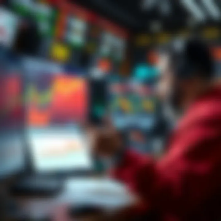 A trader analyzing market trends with charts and graphs related to US-Iran ceasefire negotiations and trade contracts