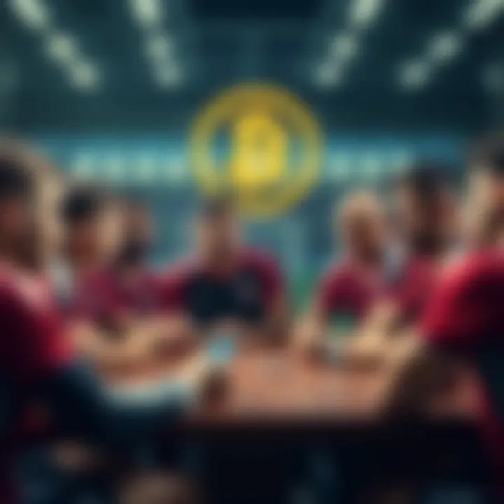 Members of the US Men's soccer team in a meeting discussing the decline of Bitcoin, showing concern on their faces.