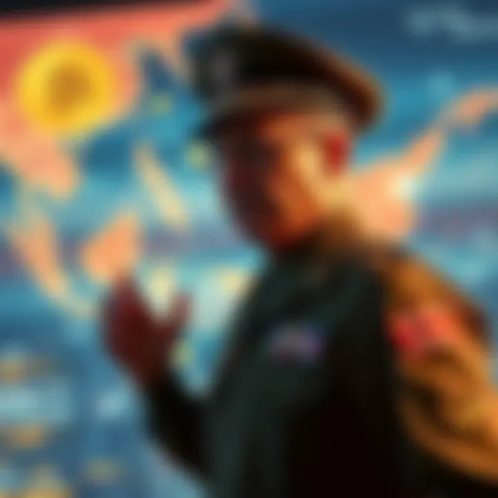 A military official discussing Bitcoin technology in front of a digital map of the Indo-Pacific region.