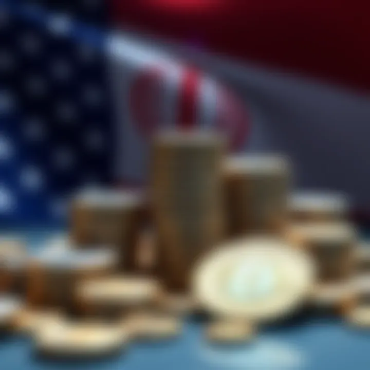 A graphic showing stacks of digital currency coins with a label indicating they are seized, and a flag representing the US in the background.