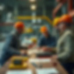 Workers discussing contract negotiations at a table with documents and tools