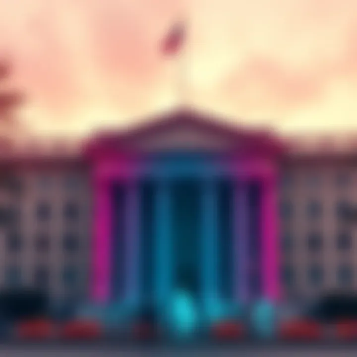 US Treasury building with a graphic overlay representing sanctions and fraud, emphasizing action against North Korean cyber operations.