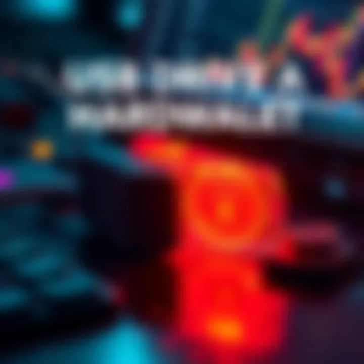 A USB drive with a lock symbol representing security, sitting next to a computer and crypto symbols.