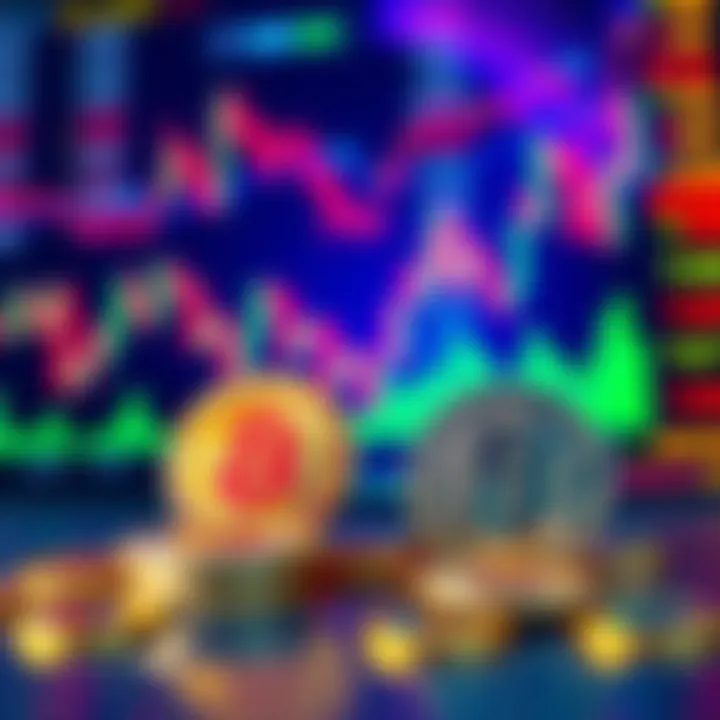 A visual representation of USDC coins symbolizing stability in fluctuating crypto markets, with a backdrop of fluctuating market charts.