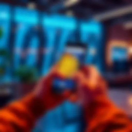 A person using a smartphone app to convert USDT to Bitcoin in a modern setting