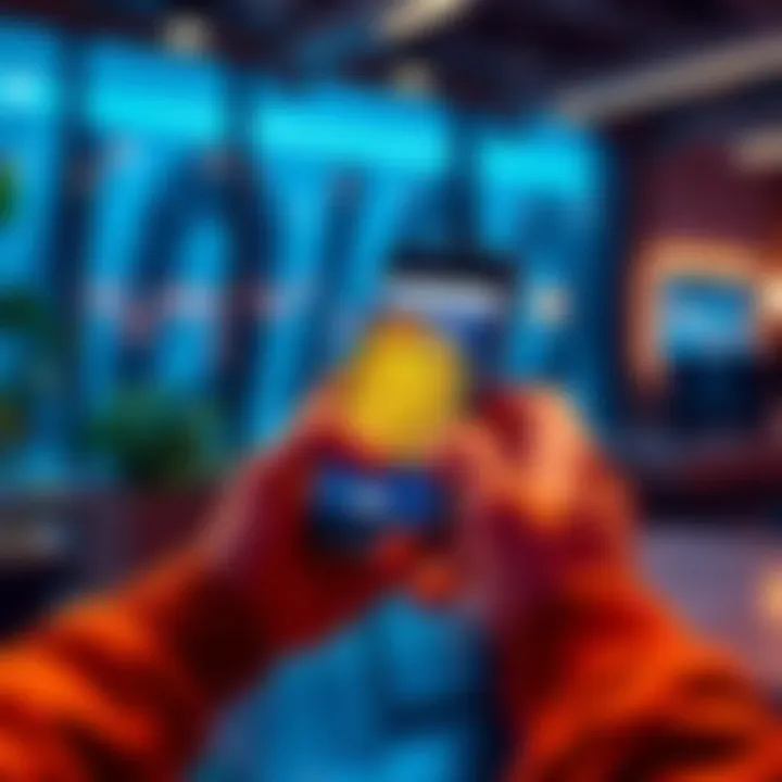 A person using a smartphone app to convert USDT to Bitcoin in a modern setting