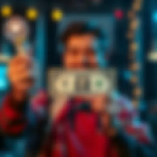 A happy person holding a dollar bill while looking at their phone, representing success with a new app after two months of effort.