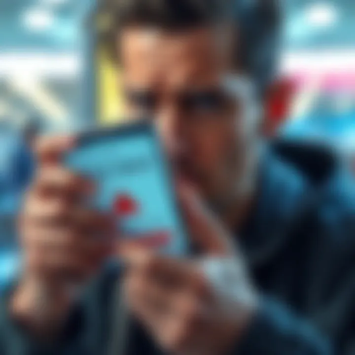 A person looking upset while holding a phone displaying a prize app with a red warning symbol.