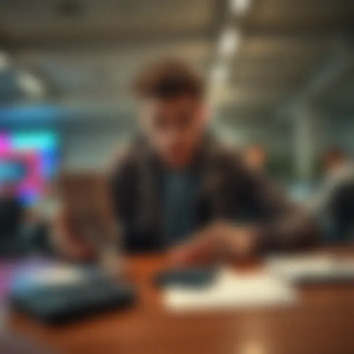 A person looks surprised while checking their digital wallet showing only 64.7 USDC after unexpected fee deductions, with a calculator and receipts on the table