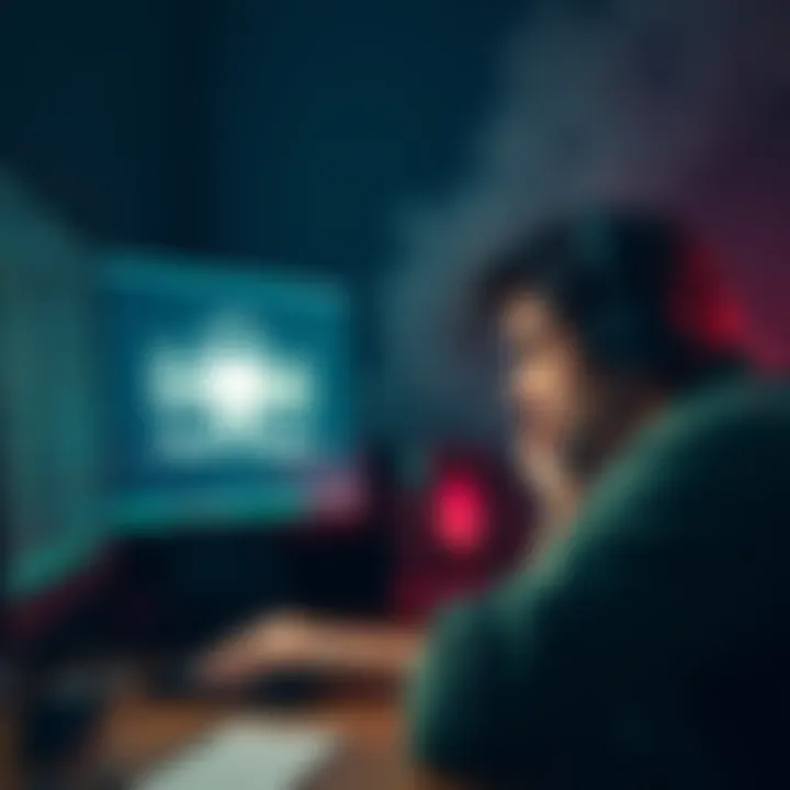 User Seeking Help from Kraken Support A person looking worried while reaching out for support on their computer, with a Kraken logo visible on the screen. They appear stressed about their restricted account.