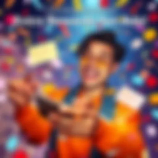 User celebrating rewards from ads A happy person looking at their phone, excited about extra rewards received from watching ads, surrounded by colorful notifications and confetti