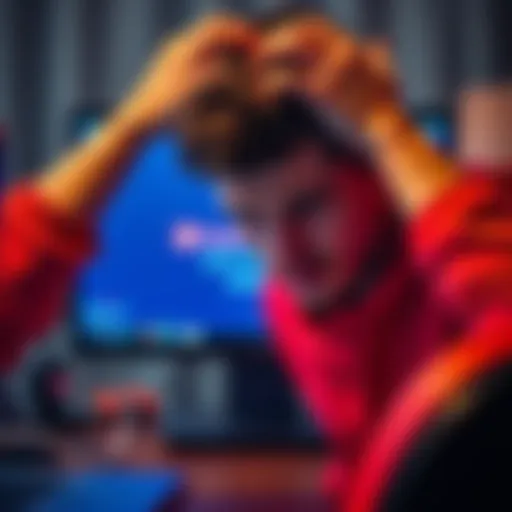 A frustrated user looking at a computer screen showing a Facebook login error, with hands on their head