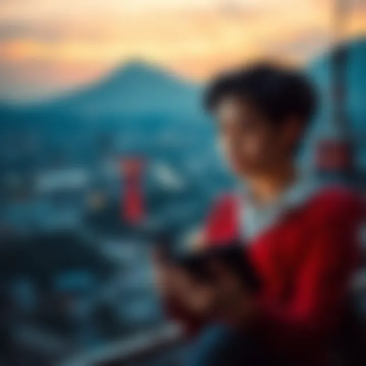 User frustrated with money transfer A person looking concerned while using a phone to check money transfer status, with a scenic view of Japan in the background