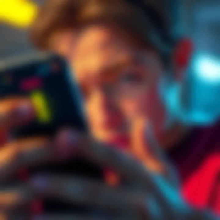 User frustrated with new app design User looking at a phone with a yellow exclamation point notification blending into the background, showing frustration over lost streak