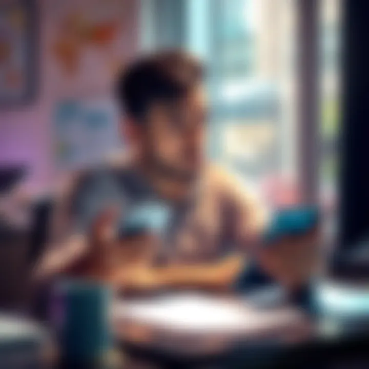 A person sitting at a desk looking frustrated while holding a phone, showing confusion about account issues with a bank app