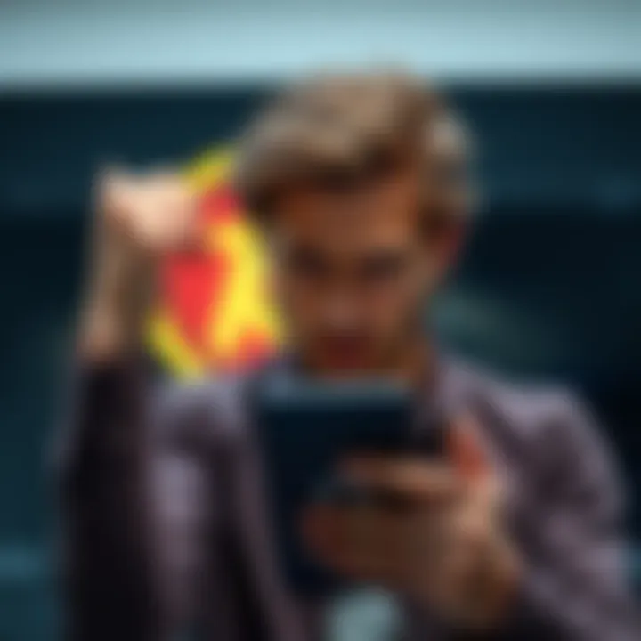 A person showing frustration while looking at a phone with a locked screen and Pi Browser logo in the background