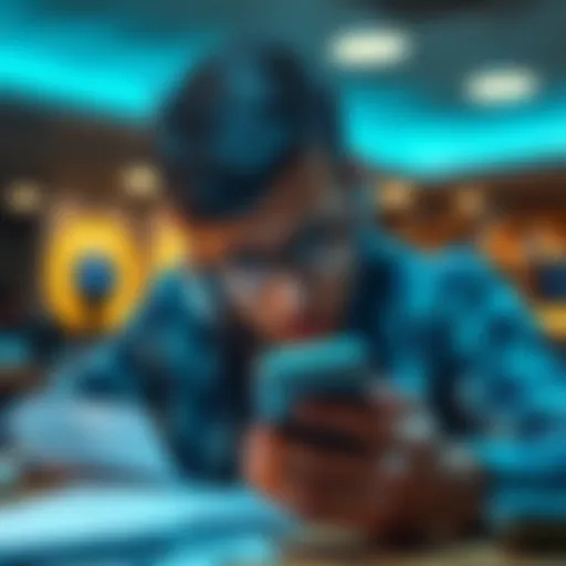 A frustrated person looking at their phone with an expression of concern, surrounded by paperwork and bills.