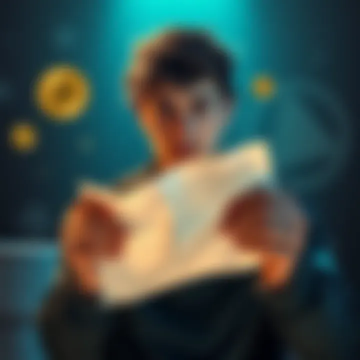 A person holding a paper wallet, looking stressed while trying to recover lost Bitcoin.