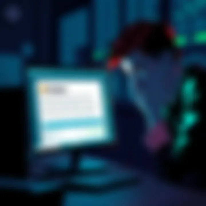 A concerned person looking at their computer screen, showing a message about account restriction and missing funds on Kraken.