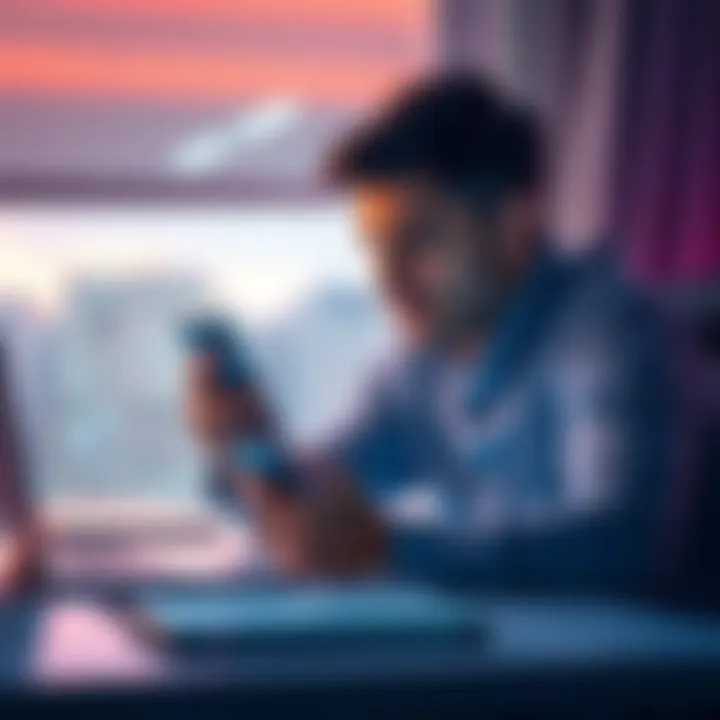 A person sitting at a desk, looking frustrated while holding a phone, expressing concern over lost chats on an app.
